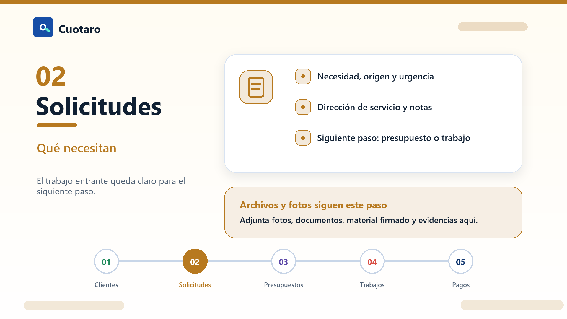 Ejemplo de solicitud de servicio en Cuotaro con necesidad del cliente, siguiente acción y contexto operativo.